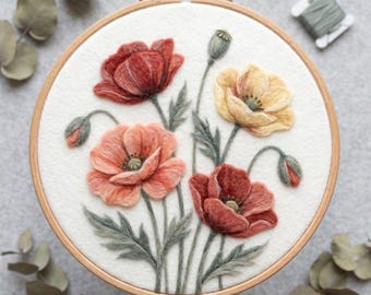 Nålfiltningskit för ullmålning med toning av vallmoblommor, botaniskt DIY-pyssel för nybörjare, vintage blommig väggkonst och mors dag-present