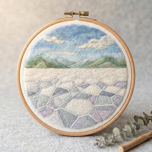 May include: A round, framed embroidery hoop featuring a landscape scene. The artwork depicts a blue sky with fluffy clouds, green mountains, and a textured, geometric foreground in shades of white, gray, and purple. The wooden hoop is visible.