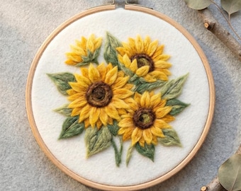 Nålfiltning av solrosbukett i ull, kit för nybörjare, solig blommig DIY-pyssel, lantlig väggkonst och sommarpresent till födelsedag.