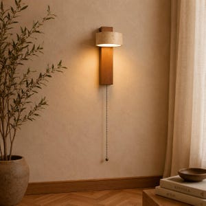 Natural Stone Wood Wall Lamp Modern Bedside Pull Chain Wall Sconce Minimalist LED Light