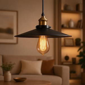 May include: A black pendant light with a brass-colored top and a large, exposed Edison bulb. The light fixture has a wide, circular shade and hangs from a black cord. The warm glow of the bulb illuminates the room, creating a cozy atmosphere.