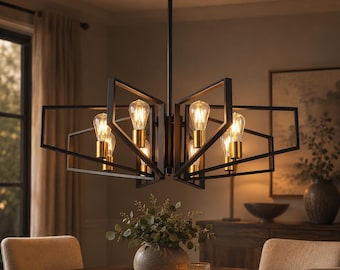 Modern Geometric Chandelier Black & Gold Industrial Ceiling Light Edison Bulb Dining Room Pendant