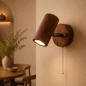 Modern Walnut Wood Wall Lamp Adjustable LED Sconce Pull Chain Minimalist Wall Light Fixture
