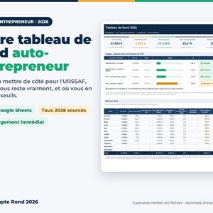 May include: A digital dashboard template for micro-entrepreneurs titled "Tableau de bord 2026" featuring financial tracking tables, monthly revenue columns, and tax threshold indicators in a clean, professional layout for Excel and Google Sheets.
