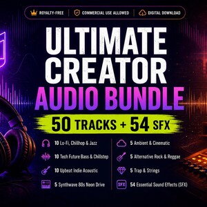 Könnte beinhalten: Eine digitale Grafik für ein Ultimate Creator Audio Bundle mit 50 Titeln und 54 Soundeffekten. Der Text ist in Weiß und Lila auf dunklem Hintergrund mit Neonakzenten, Kopfhörern, einem Mischpult und einer Liste von Audiokategorien dargestellt.