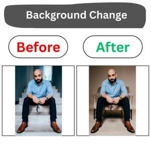 May include: A comparison graphic titled Background Change with Before and After labels. The Before image shows a bald person with a beard in a blue shirt and dark trousers sitting on concrete stairs. The After image shows the same person in a chair.