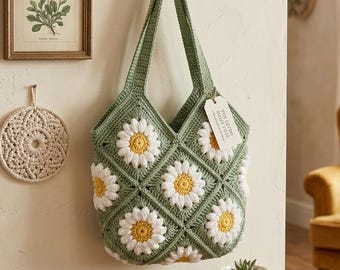 Granny Square Bag Pattern, Retro Daisy Tote Crochet Pattern PDF, Floral Market Tote, Beginner Crochet Bag Pattern