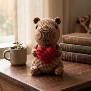 May include: A brown crocheted capybara soft toy sitting upright and holding a bright red crocheted heart. The capybara has small black eyes, a stitched nose and mouth, and rounded ears, crafted with a visible yarn texture throughout its body.