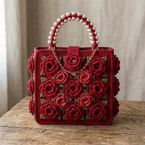 May include: A square-shaped crochet handbag in deep red, featuring a dense pattern of three-dimensional red rose appliqués with small green leaves. The bag includes a top handle adorned with white faux pearls and a thin gold-toned metal chain.