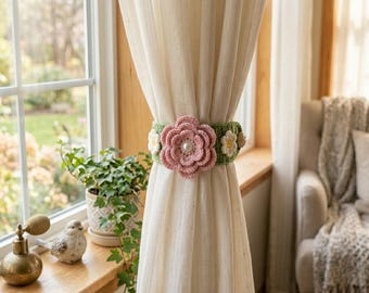 Crochet Rose Curtain Holder Pattern PDF, Floral Tie Back Crochet Pattern, Handmade Home Decor DIY, Crochet Flower Curtain Tie Back Pattern