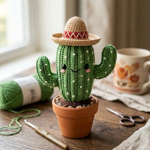 Virkat kaktusmönster PDF, Virkat kaktusmönster med hatt PDF, Handgjort amigurumimönster, Virkat krukväxtkaktusmönster PDF