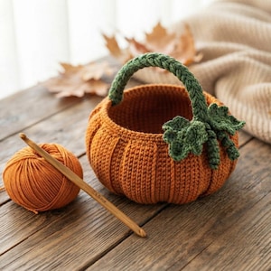 May include: A round, orange, crocheted basket shaped like a pumpkin with a green braided handle and green crocheted leaves attached to the side. A ball of orange yarn and a wooden crochet hook are positioned next to the pumpkin basket.
