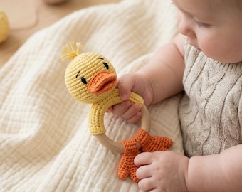 Baby Duck Rattle Crochet Pattern, Wooden Ring Teether PDF, Crochet Duck Teether Pattern PDF, Baby Rattle Toy Pattern
