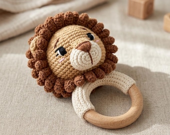 Patrón de ganchillo en PDF para sonajero de león para bebé, juguete de amigurumi para la dentición, patrón de ganchillo fácil para regalo de guardería, patrón de ganchillo para mordedor de animalito adorable
