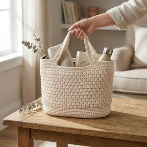 Pode incluir: Uma bolsa de crochê na cor creme com um padrão de pontos texturizados na parte externa. A bolsa possui duas alças integradas e contém um livro, uma pequena garrafa de água de metal e um ramo de eucalipto no compartimento principal.