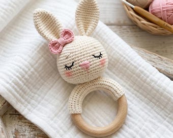 Crochet Bunny Rattle Pattern PDF, Baby Teething Ring Toy Crochet Pattern, Wooden Ring Toy Pattern, Amigurumi Nursery Gift Pattern