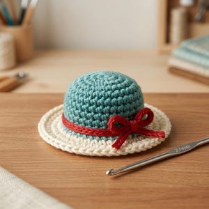May include: A miniature teal crochet hat with a cream-colored brim and a red yarn bow tied around the base. A silver metal crochet hook with the text 2.0mm engraved on the handle is positioned next to the hat on a flat wooden surface.