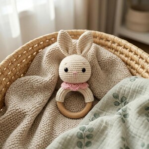May include: A crochet baby rattle featuring a cream-colored bunny head with black eyes and a pink stitched nose. The bunny has long ears and wears a pink scalloped collar. The base of the rattle is a smooth, round, light-colored wooden ring.
