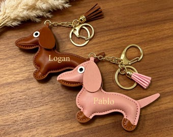 Custom Dachshund Keychain with Gold Foil Name | Personalized Sausage Dog Bag Charm | Cute Dog Lover Gift for Women