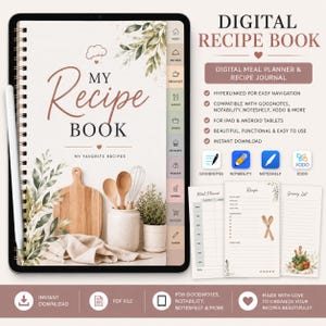 May include: A digital recipe book displayed on a tablet with a stylus, featuring a cover with botanical illustrations, a wooden cutting board, and kitchen utensils. The interface includes navigation tabs for meal planning, grocery lists, and recipes.