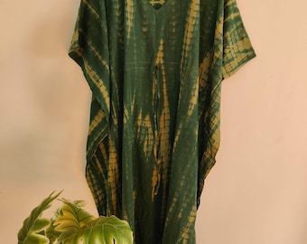 Groene tie-dye kaftanjurk grote maten | Katoenen loungekleding dames | Handgemaakte boho maxi