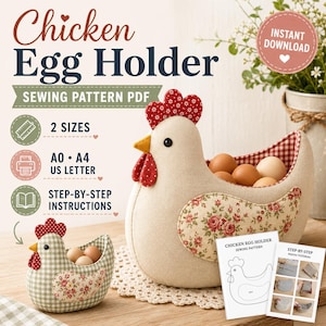 Chicken Egg Holder Sewing Pattern PDF, Hen Egg Basket Pattern, Farmhouse Chicken Basket, Egg Gathering Basket, Fabric Chicken Tutorial