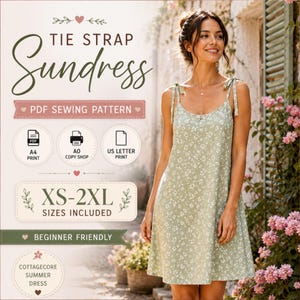 May include: A pale green tie strap sundress with a white floral design. The image features text: "Tie Strap Sundress", "PDF Sewing Pattern", "XS-2XL Sizes Included", and "Beginner Friendly". The dress is a cottagecore summer dress.
