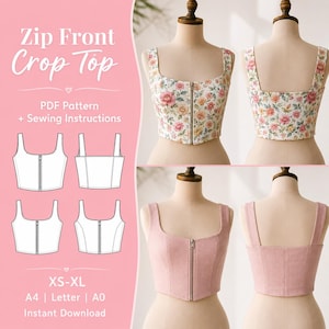 Sweetheart Corset Crop Top Sewing Pattern, Front Zip Bodice PDF (XS-XL)