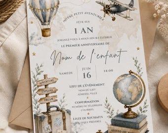 Around the World 1st Birthday Invitation Template | Invitation 1er Anniversaire Autour du Monde | Editable Canva Template | FR & EN Included