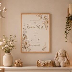 May include: A rectangular wooden frame containing a birth announcement print for Emma Rose, featuring floral illustrations, the date 15 juin 2026, time 15:35, weight 7 lb 8 oz, and length 21 pouces, with the text Bienvenue au monde and Notre petite merveille.
