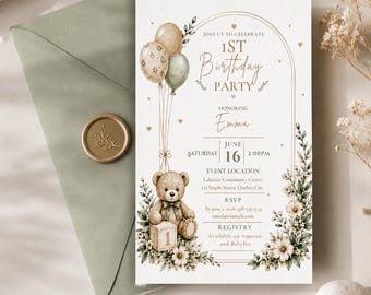 Teddy Bear 1st Birthday Invitation Template | Editable Canva Invite | English & French Versions |Neutral Birthday Invitation | Printable 5x9