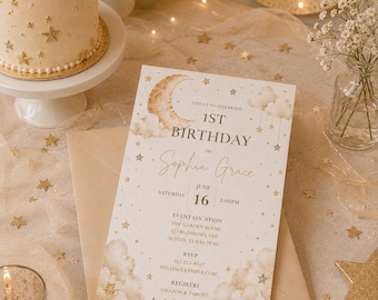 Moon and Stars First Birthday Invitation Template | Editable Canva Template | English & French | 1st Birthday Invite | Instant Download