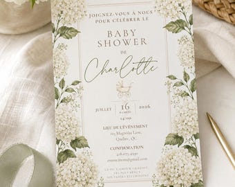 Elegant Hydrangea Baby Shower Invitation | Invitation Baby Shower Hortensias | Invitación Baby Shower Hortensias | Canva 4x6