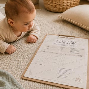 May include: A wooden clipboard holding a white paper tracker titled SUIVI DU TEMPS SUR LE VENTRE with columns for date, duration, and notes, alongside a beige ribbed long-sleeve onesie, a wooden rattle, and a plush cream-coloured rabbit toy.