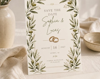 Olive Branch Save the Date Template 4x6 Canva Editable | Carte Save the Date | Plantilla Reserva la Fecha Boda