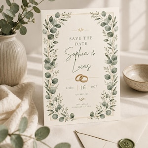 Può includere: Un cartoncino Save the Date color crema con un bordo in acquerello verde eucalipto, accenti in linea dorata e due fedi nuziali dorate. Il testo recita: Save the Date, Sophia & Lucas, Août 16 2027, Québec, QC, e Invitation Formelle à Venir.