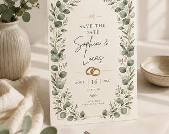 Eucalyptus Save the Date Template 4x6 Canva Editable | Carte Save the Date Mariage | Reserva la Fecha Boda Editable