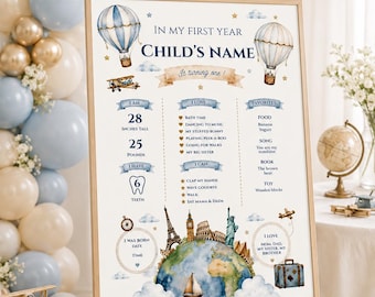 Around The World First Birthday Poster Template | Affiche Mon Premier Anniversaire Tour du Monde | Editable Canva Template | 18x24 Milestone