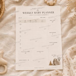 May include: A white paper weekly baby planner with black text and line art. The header reads WEEKLY BABY PLANNER A WEEK OF LITTLE MOMENTS, BIG MEMORIES. It includes sections for feeding, sleep, diapers, notes, goals, milestones, and reminders.