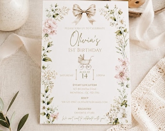 Editable 1st Birthday Invitation Template | Floral Bow Birthday Invitation | Canva Template | Invitation 1er Anniversaire Fille