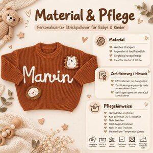 May include: A rust-colored knitted sweater featuring the white embroidered name Marvin, a hedgehog patch, and a lion patch. The image includes text titled Material & Pflege, Material, Zertifizierung / Hinweis, and Pflegehinweise with icons.