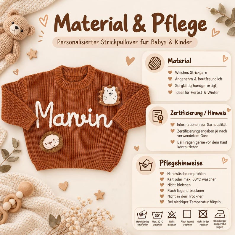 May include: A rust-colored knitted sweater featuring the white embroidered name Marvin, a hedgehog patch, and a lion patch. The image includes text titled Material & Pflege, Material, Zertifizierung / Hinweis, and Pflegehinweise with icons.