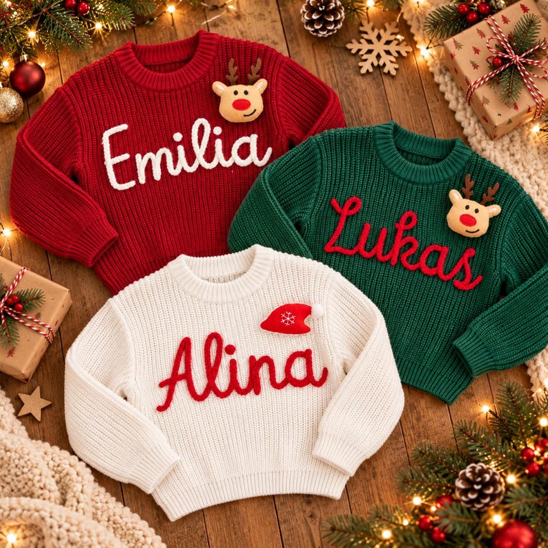 May include: Three long-sleeved knit sweaters in red, green, and white. The red sweater features the name Emilia and a reindeer applique. The green sweater features the name Lukas and a reindeer applique. The white sweater features the name Alina and a red Santa hat applique.