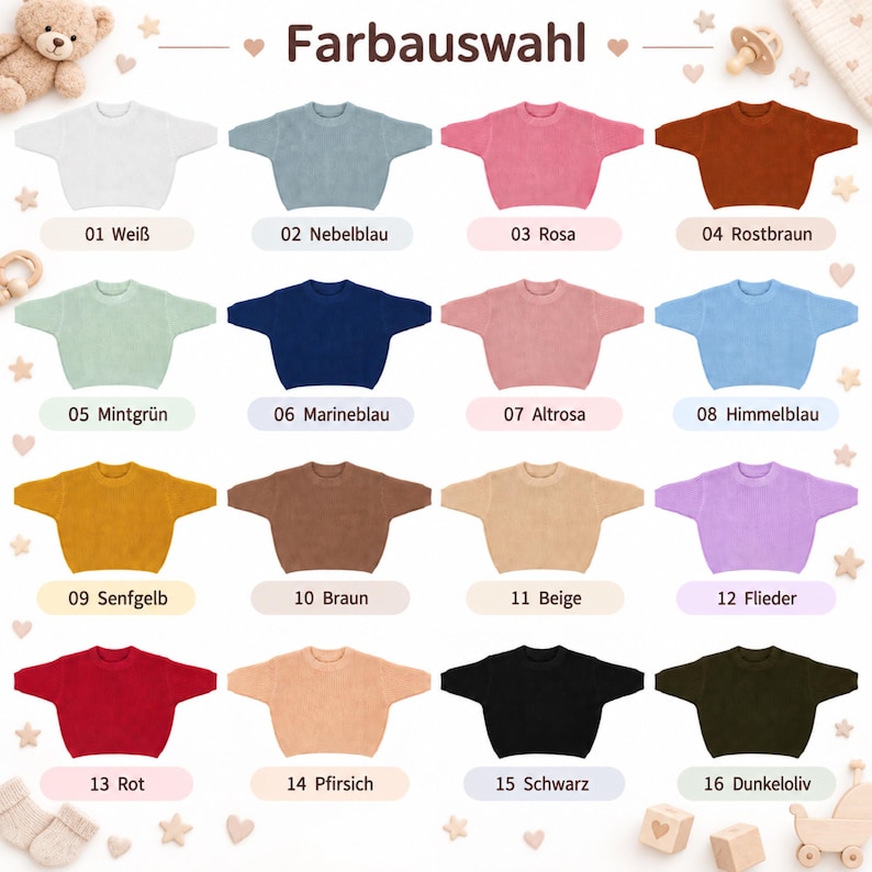 May include: A color chart titled Farbauswahl displaying sixteen long-sleeve sweaters in various solid colors including white, blue, pink, rust, mint, navy, rose, sky blue, mustard, brown, beige, lilac, red, peach, black, and dark olive.