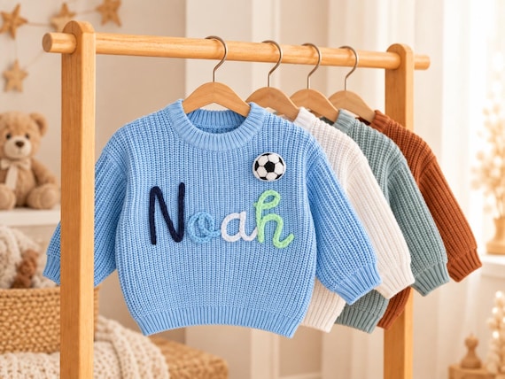 Personalisierter Baby Strickpullover mit Namen | Kinderpullover mit Wollschrift und Motiv | Geschenk zur Geburt und zum Geburtstag