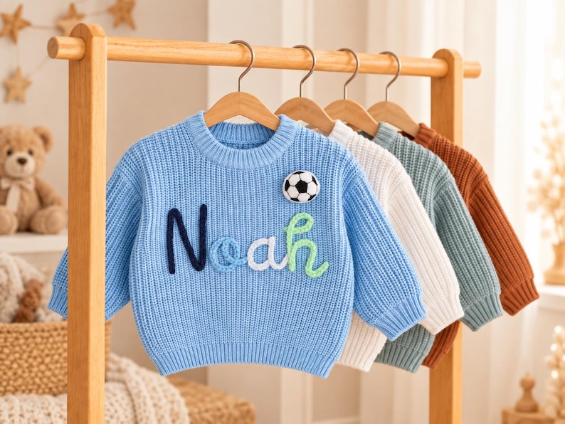 May include: A light blue knitted sweater featuring the name Noah in dark blue, light blue, white, and green yarn, with a small soccer ball patch attached to the upper right chest. The sweater hangs on a wooden hanger alongside three other sweaters.
