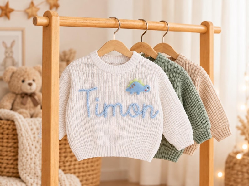 May include: A white long-sleeve knit sweater featuring the name Timon embroidered in blue script and a small blue dinosaur appliqu&eacute;. Behind it hang two additional ribbed knit sweaters in solid sage green and beige, all displayed on wooden hangers.