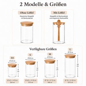 May include: Clear glass storage canisters with bamboo lids, shown in two styles: one plain and one with an integrated bamboo spoon. Available in four sizes: XS (6.5 cm x 8 cm, 260 ml), S (8.5 cm x 10 cm, 570 ml), M (10 cm x 12 cm, 940 ml), and L (10 cm x 20 cm, 1570 ml).