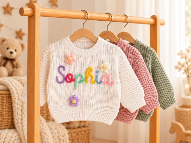 May include: Three long-sleeve knit sweaters hanging on wooden hangers. The front white sweater features the name Sophia in colorful raised yarn lettering, accented with three small, dimensional yarn flowers in pink, white, and purple.