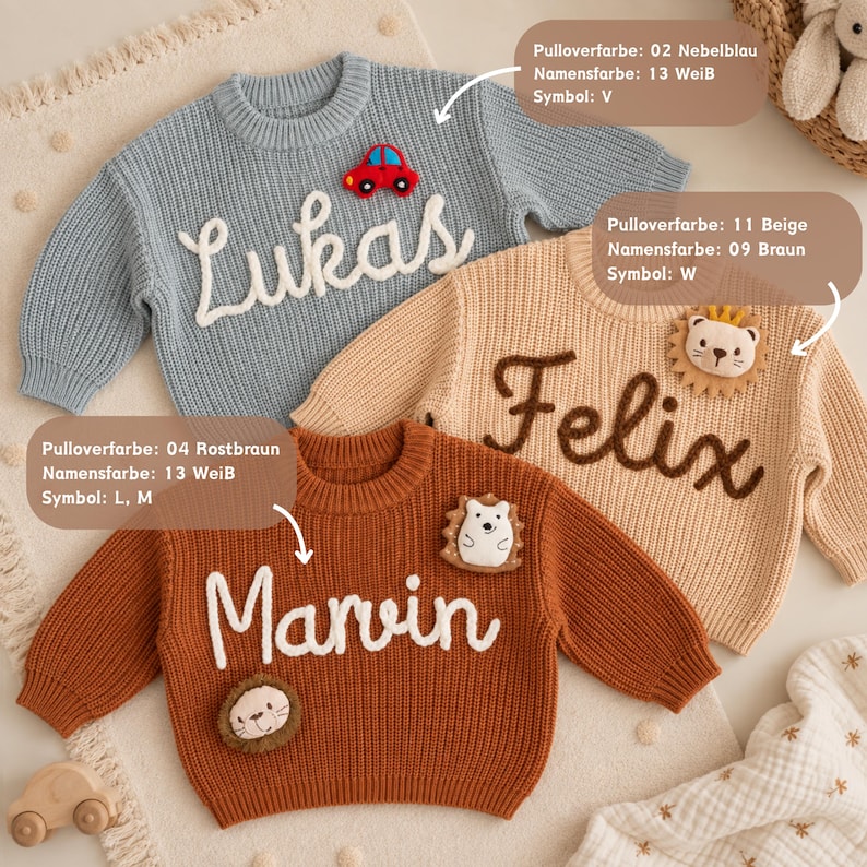 May include: Three long-sleeve knit sweaters in light blue, beige, and rust brown. Each sweater features a name in raised script lettering: Lukas, Felix, and Marvin. Decorative patches include a red car, a lion, and a hedgehog.